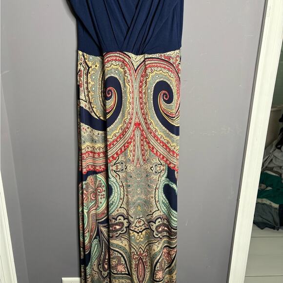 Gilli Navy Blue Sleeveless Wrap Maxi Dress Solid Top Print Bottom Size Large - Picture 3 of 6